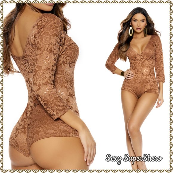 🆕🍫Mocha Lace Lingerie Romper Deep V front - Picture 2 of 5